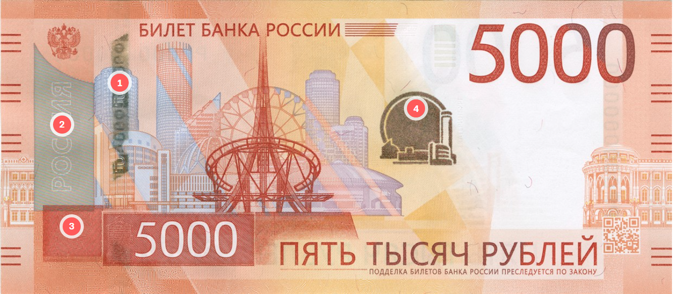 Лицевая сторона: 1 — защитная нить, 2 — место с разноцветными цифрами. А еще в элементе №3 будет виден символ рубля, а в № 4 — при наклоне банкноты цвет поменяется с золотисто-малинового на золотисто-зеленый и появится символ рубля. © cbr.ru