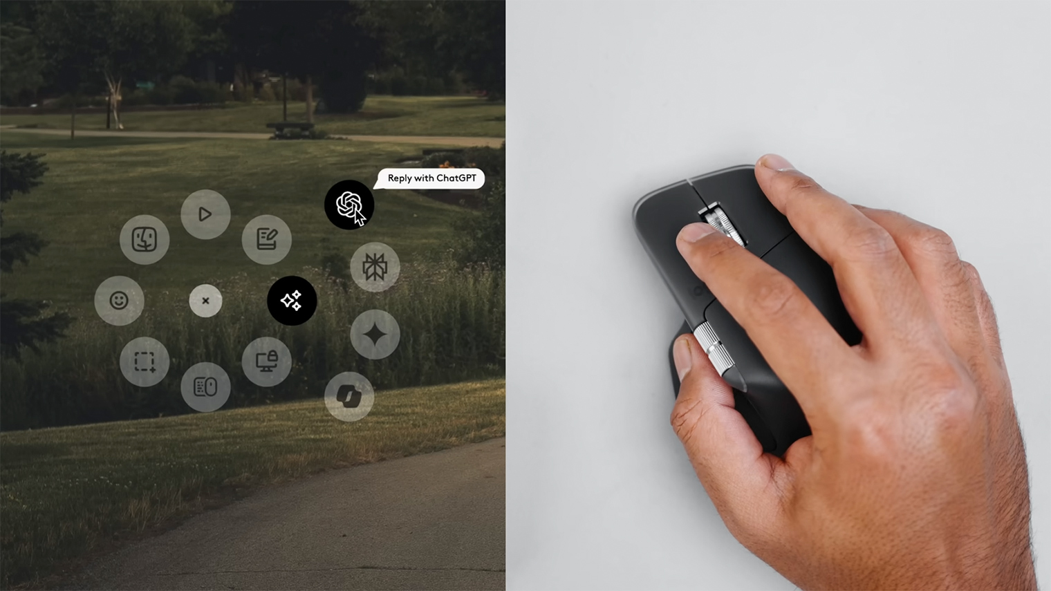 В колесо действий можно добавлять дополнительные кольца с командами. Например, сделать папку с ярлыками для ИИ-ассистентов. Источник: Hardware Canucks / YouTube