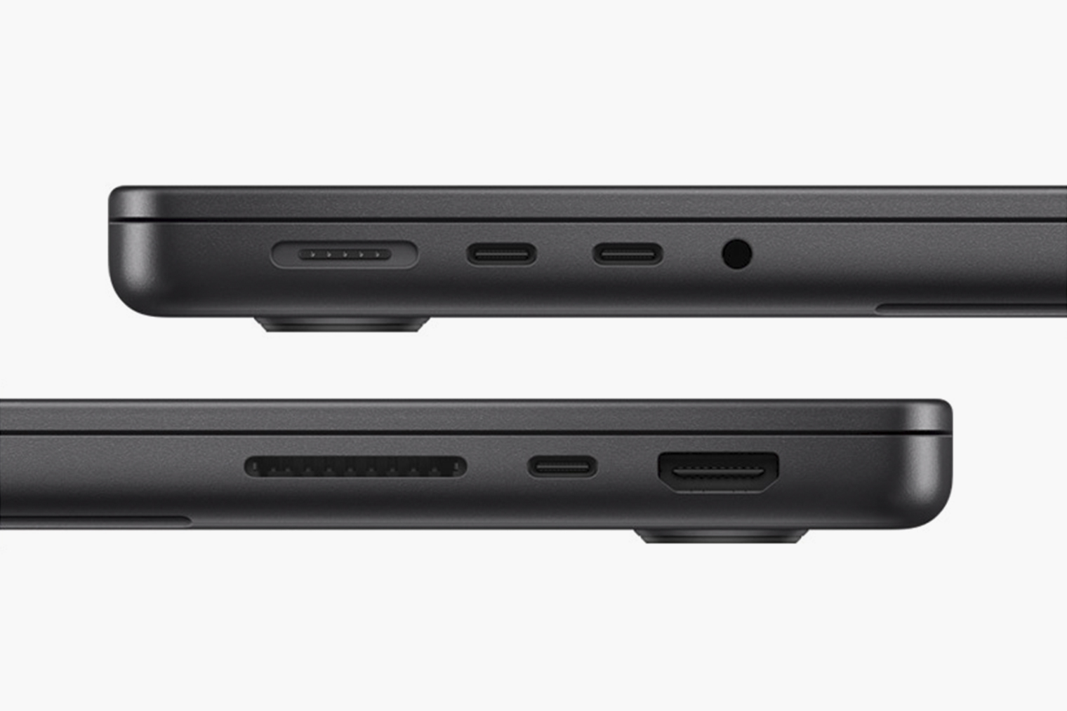 Разъемы MacBook Pro 14 с чипом М3: магнитная зарядка MagSafe, три USB-C стандарта Thunderbolt 4, 3,5⁠-⁠миллиметровое гнездо для наушников, слот для карт SD и HDMI 2.1