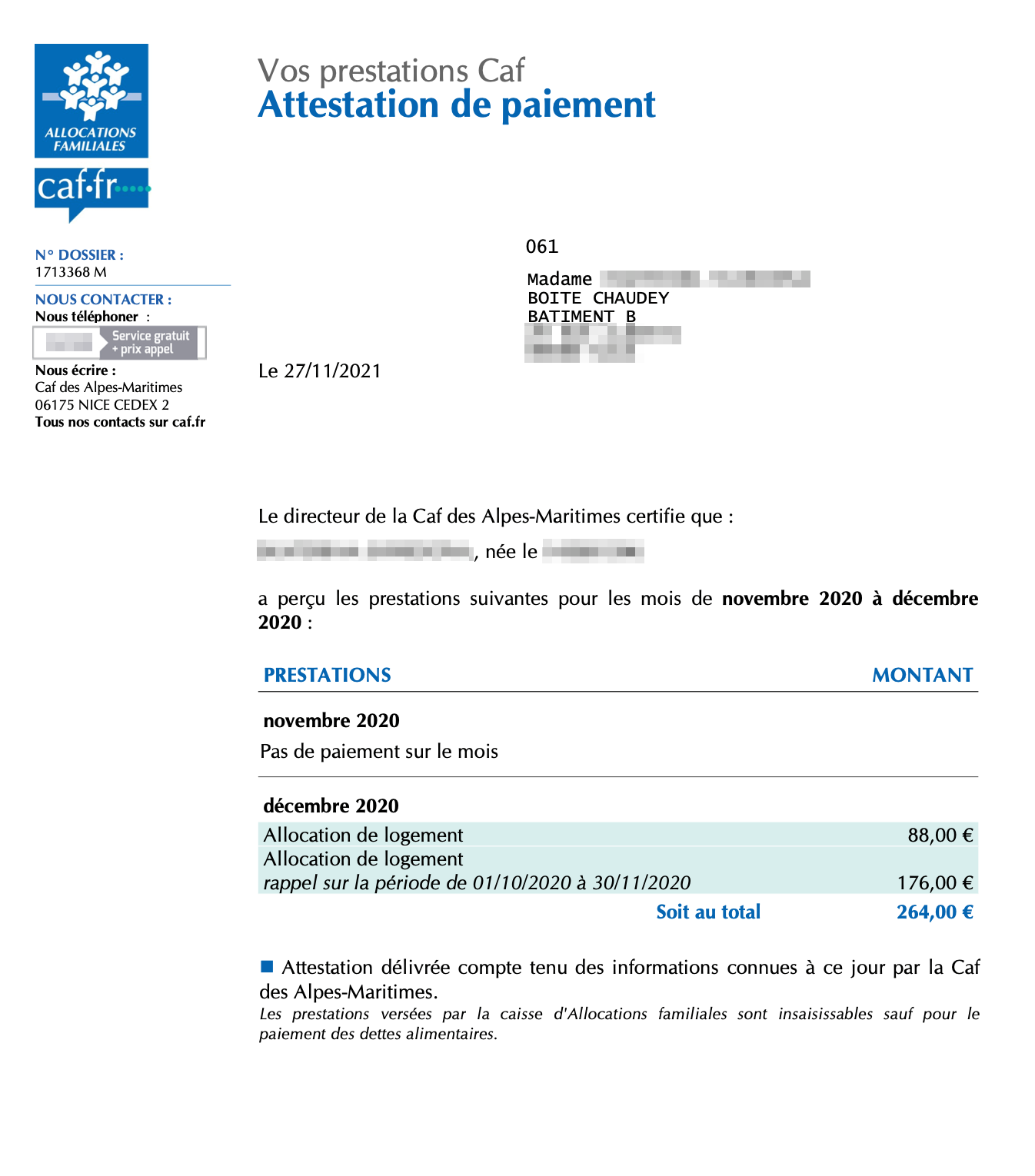 Выписка из моего личного кабинета CAF: в ноябре я не получала никаких выплат, за декабрь выплата составила 88 €, за период с 1 октября по 30 ноября — 176 €