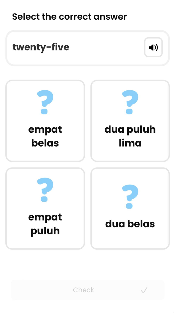 Часть урока, где нужно выбрать правильный перевод числительного 25 на малайский язык