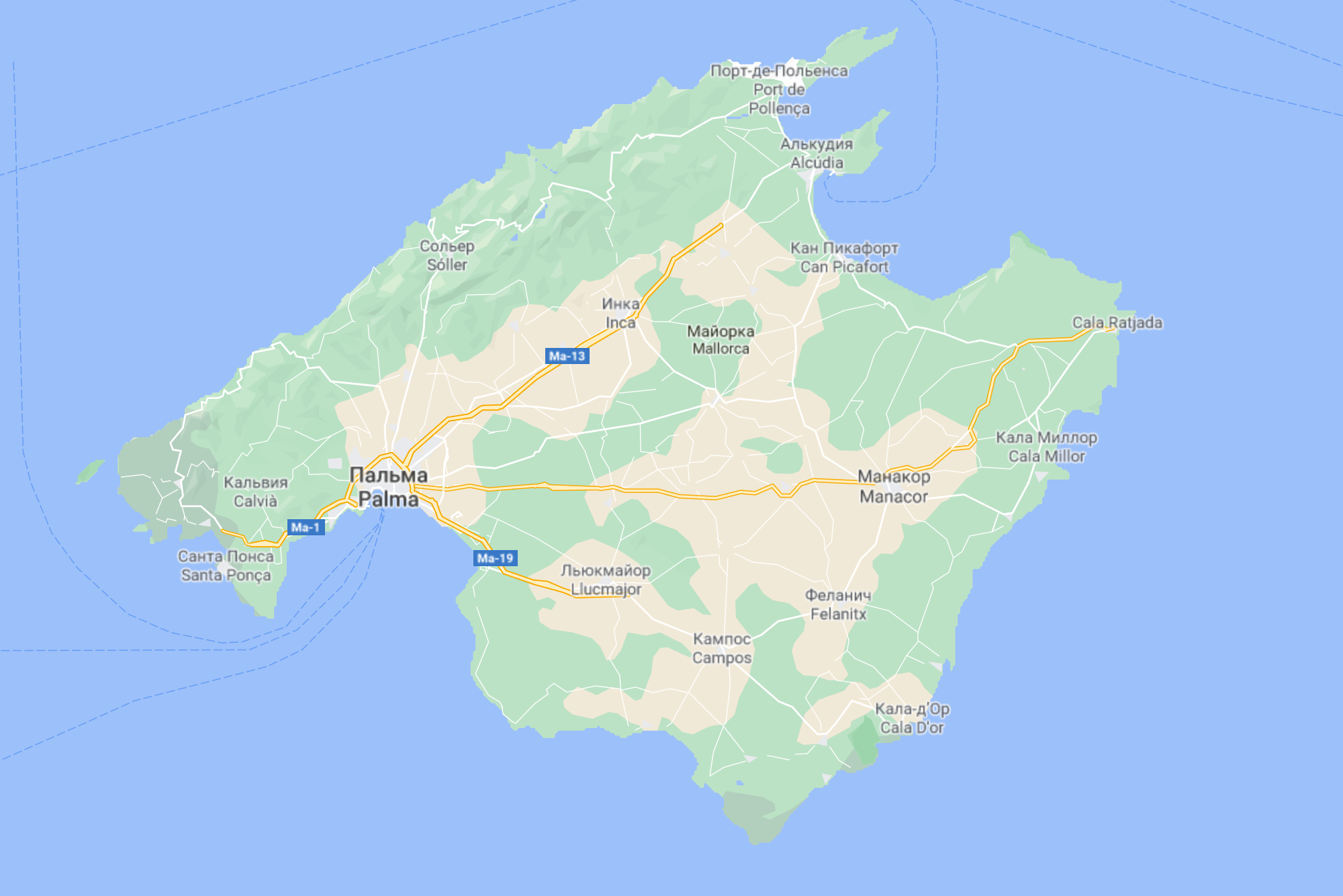 На Мальорке всего несколько скоростных шоссе с ограничением скорости 120 км/ч. Все они идут от Пальмы: одно — в сторону аэропорта, два других — до главных муниципалитетов острова и основных туристических локаций. На остальных дорогах ограничение 100 км/ч или ниже