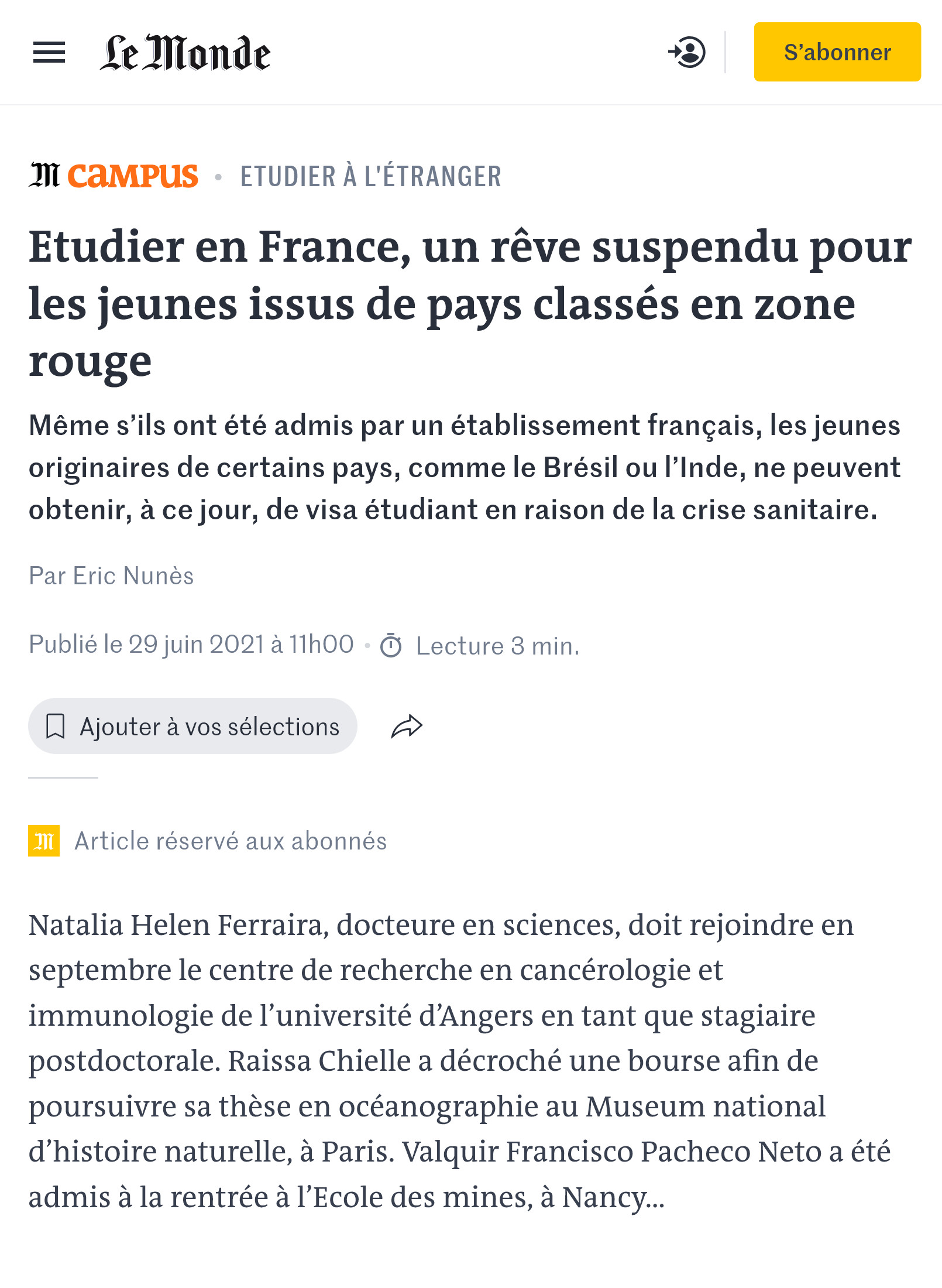 Статьи французских газет о студентах из «красных зон». Источник: lemonde.fr