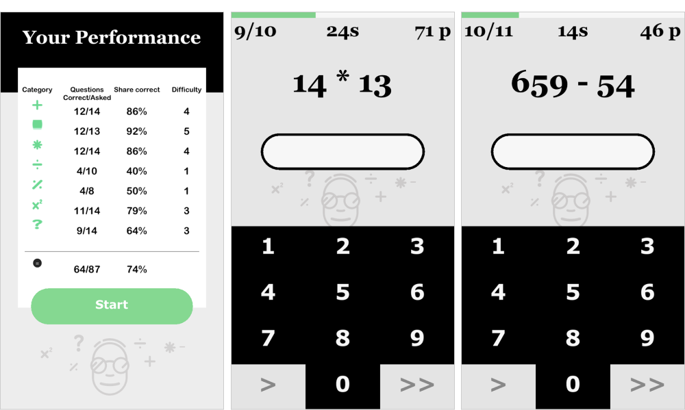 В 7 min Math Genius минималистичный интерфейс: самое главное происходит в голове пользователя, а не на экране смартфона