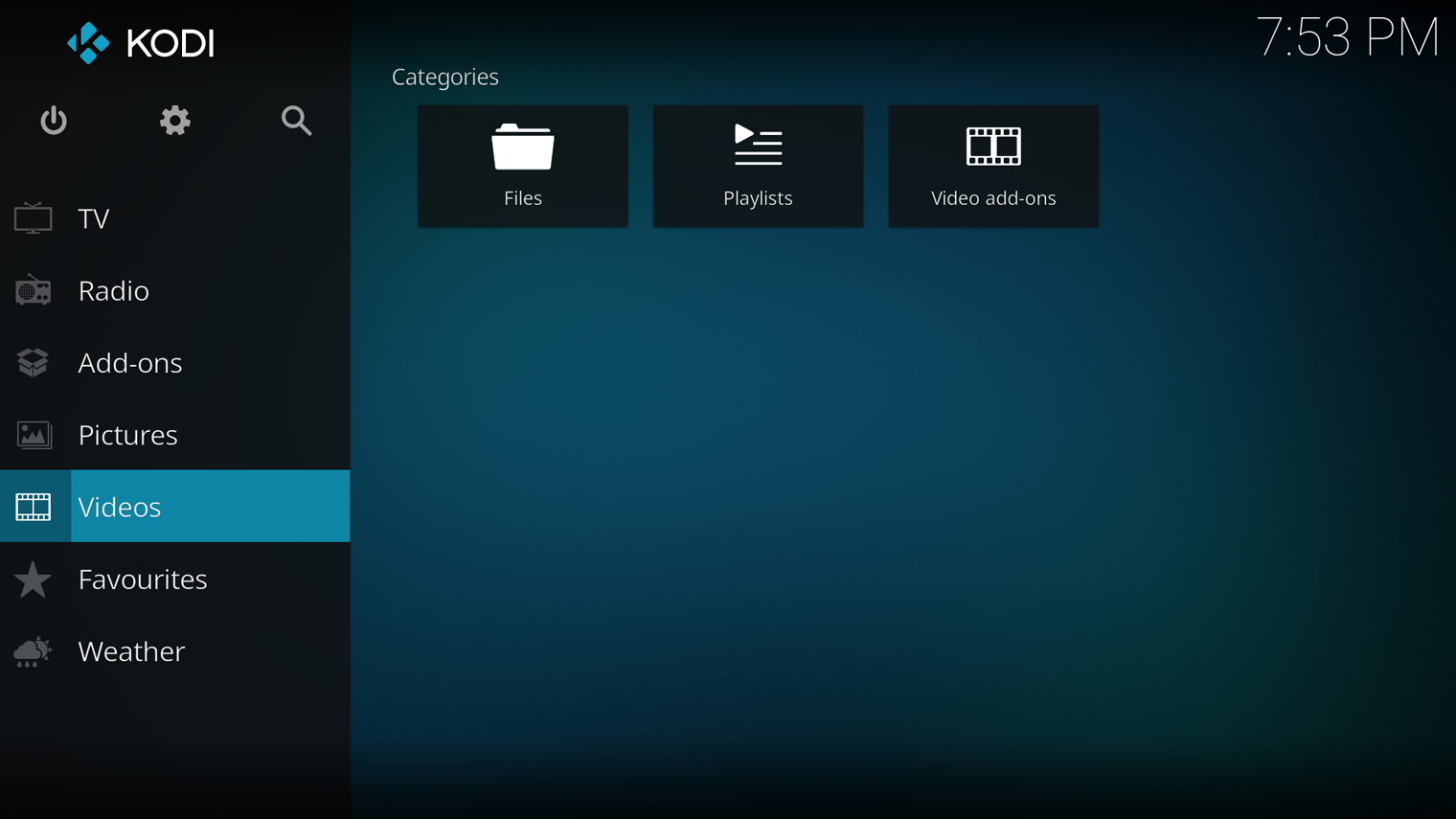 Главное меню Kodi выглядит так