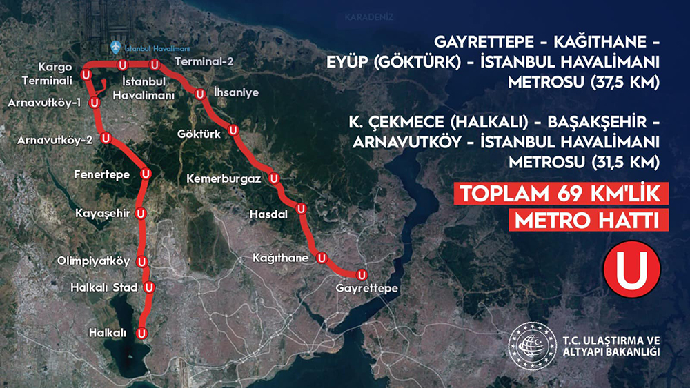 План метро Министерства транспорта и инфраструктуры Турции, на котором указаны две ветки метро до главного аэропорта Стамбула
