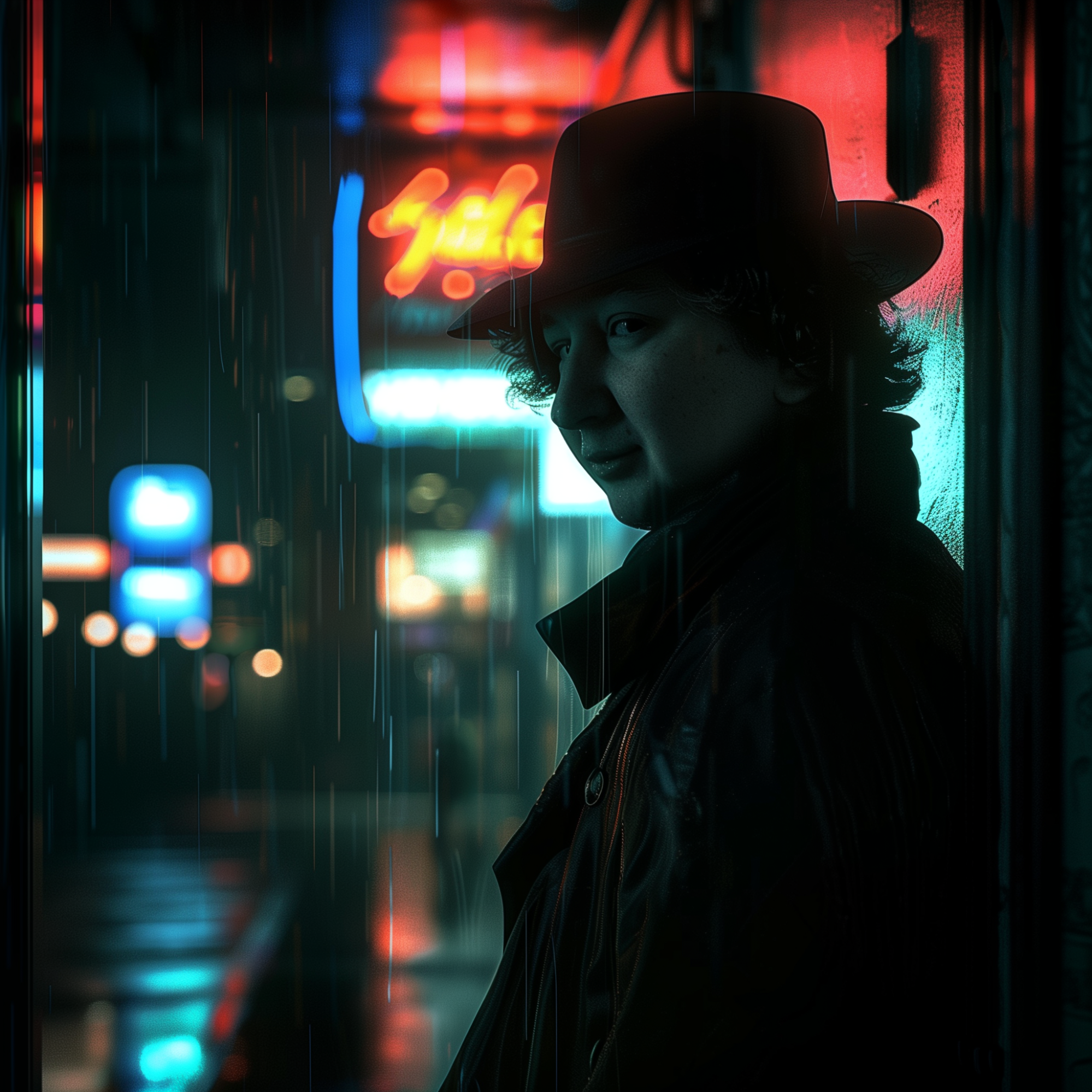 Это я в темном плаще и шляпе⁠-⁠федоре стою под мерцающей неоновой вывеской в залитом дождем ночном городе