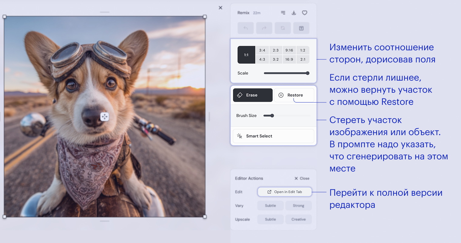 Работа с картинкой на странице изображения — доступны только базовые функции редактора