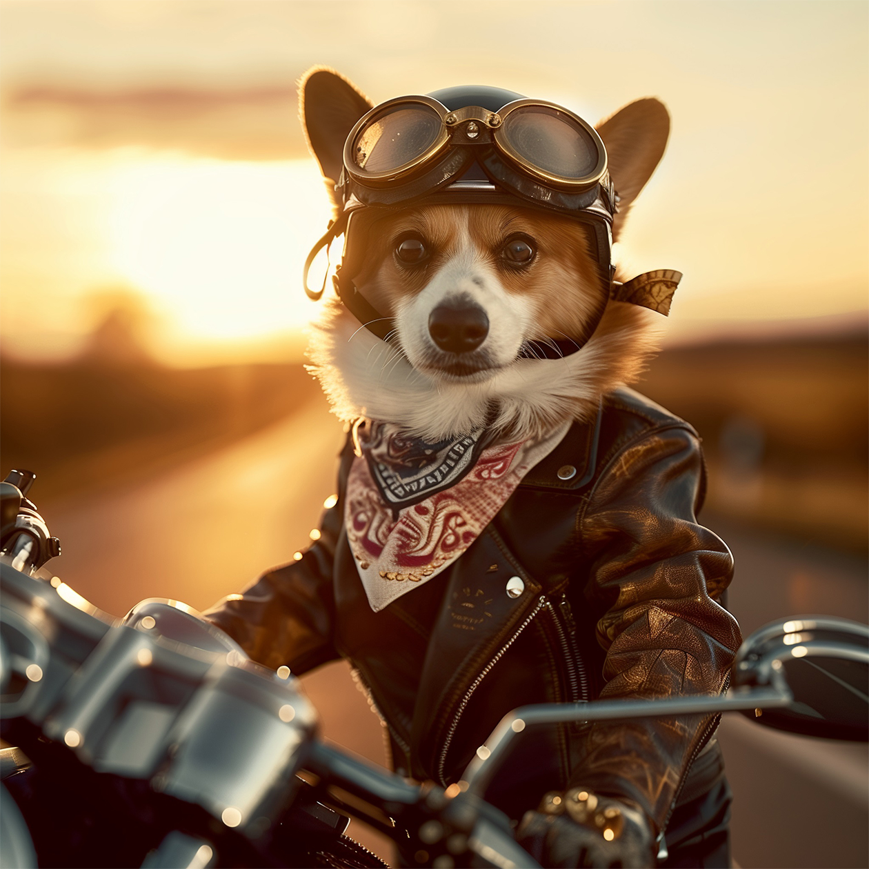 Сложный запрос: уверенный в себе корги-байкер, одетый в миниатюрную кожаную куртку, шлем с очками и причудливую бандану, позирует на классическом мотоцикле Harley⁠-⁠Davidson. Действие происходит на открытой дороге, идущей через захватывающий пейзаж на закате, теплый свет заходящего солнца освещает сцену, создавая длинные тени и ощущение безграничной свободы