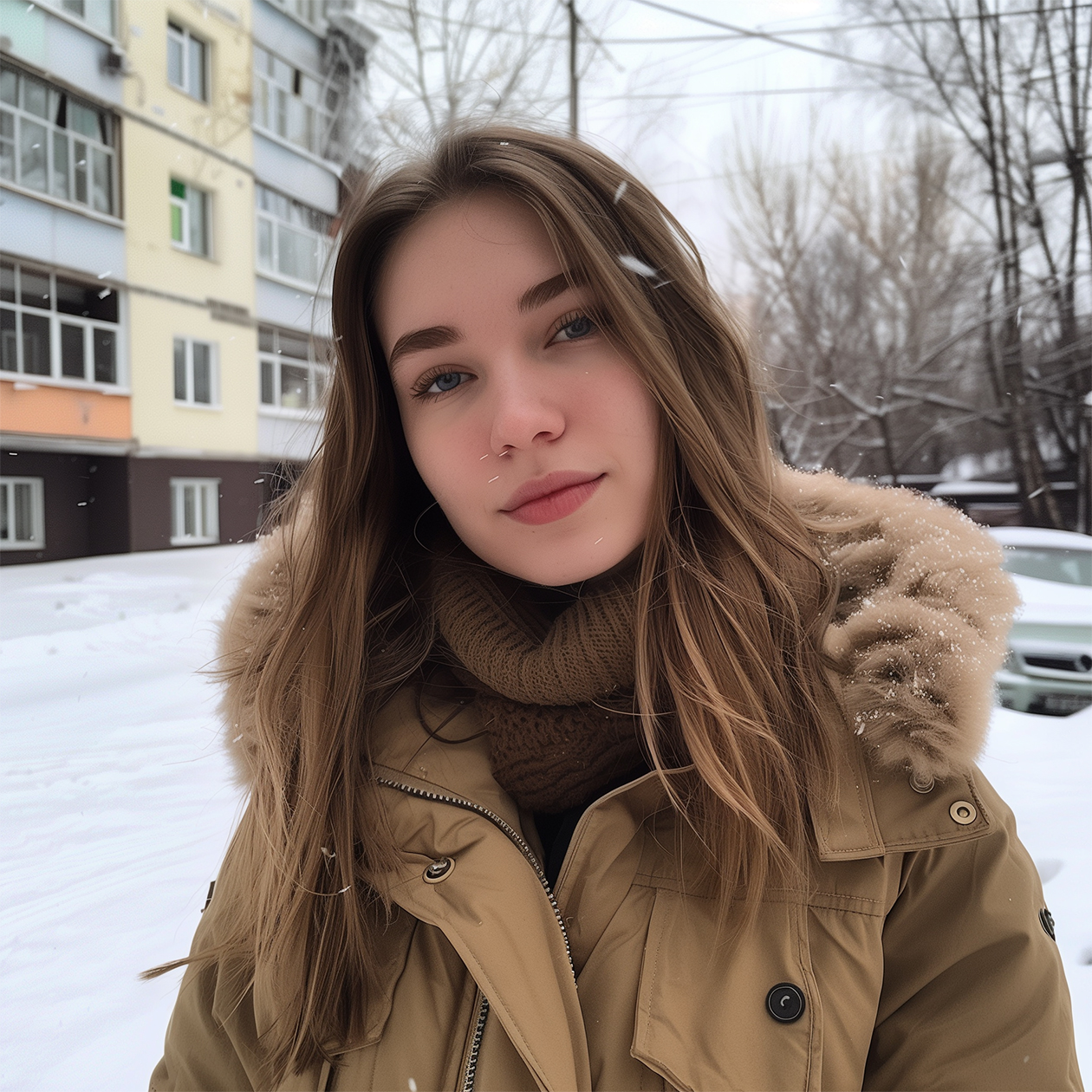 Сгенерированное изображение молодой женщины в Москве в стиле фото на Айфон, выложенного в соцсети несколько лет назад
