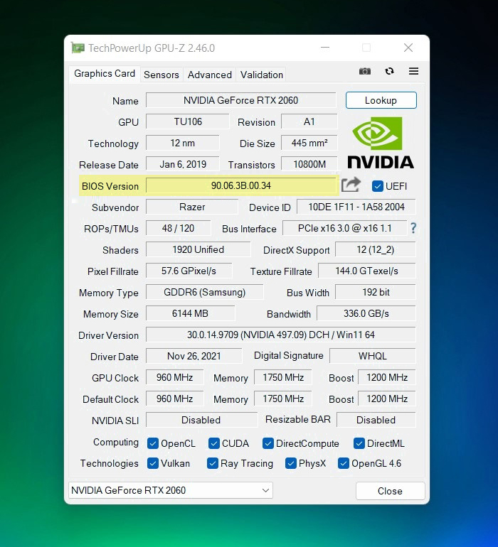 Информация о версии BIOS выделена на скриншоте. Также в окне GPU⁠-⁠Z можно удостовериться, что продавец не соврал про модель видеокарты и объем ее памяти