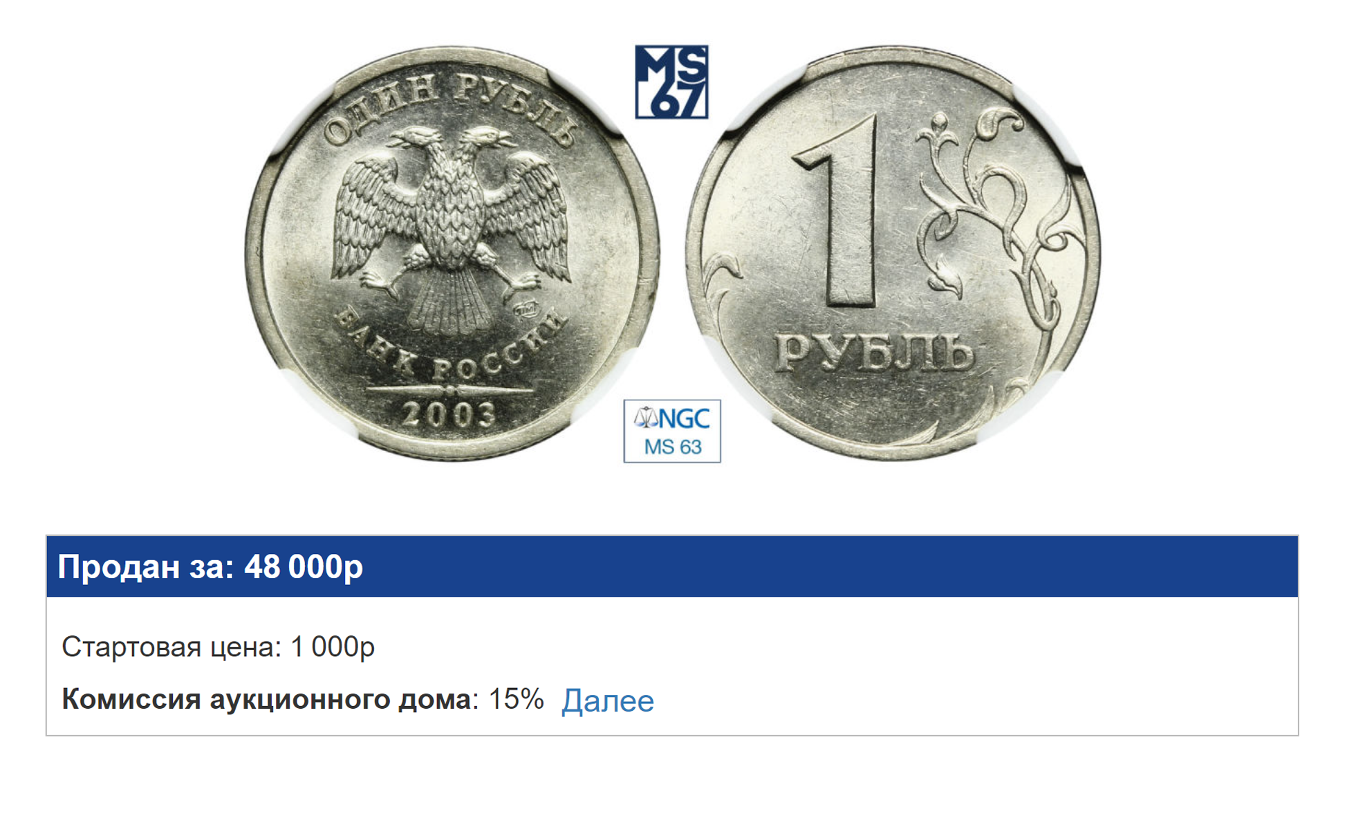 1 декабря 2022 года этот рубль был продан за 48 000 ₽. Источник: ru.bidspirit.com
