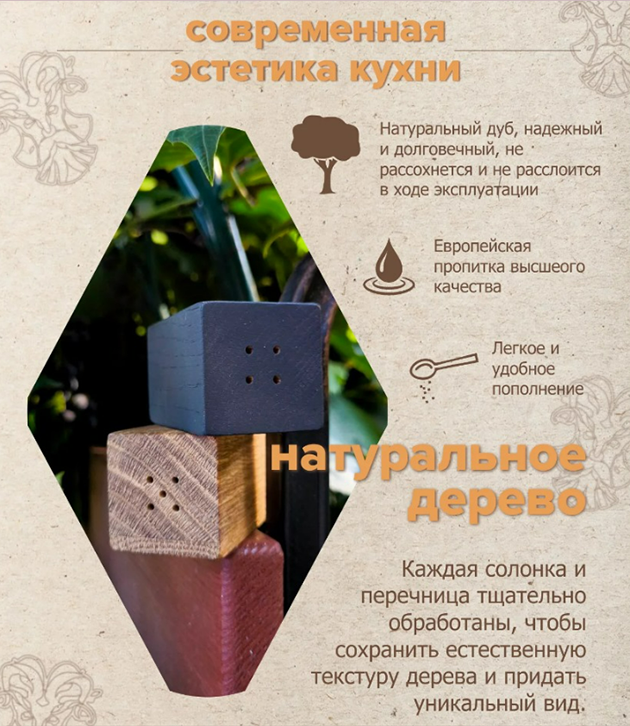 Так выглядит описание товара. Рассказываем, из чего сделаны наши солонки и какие у них преимущества. Источник: данные компании