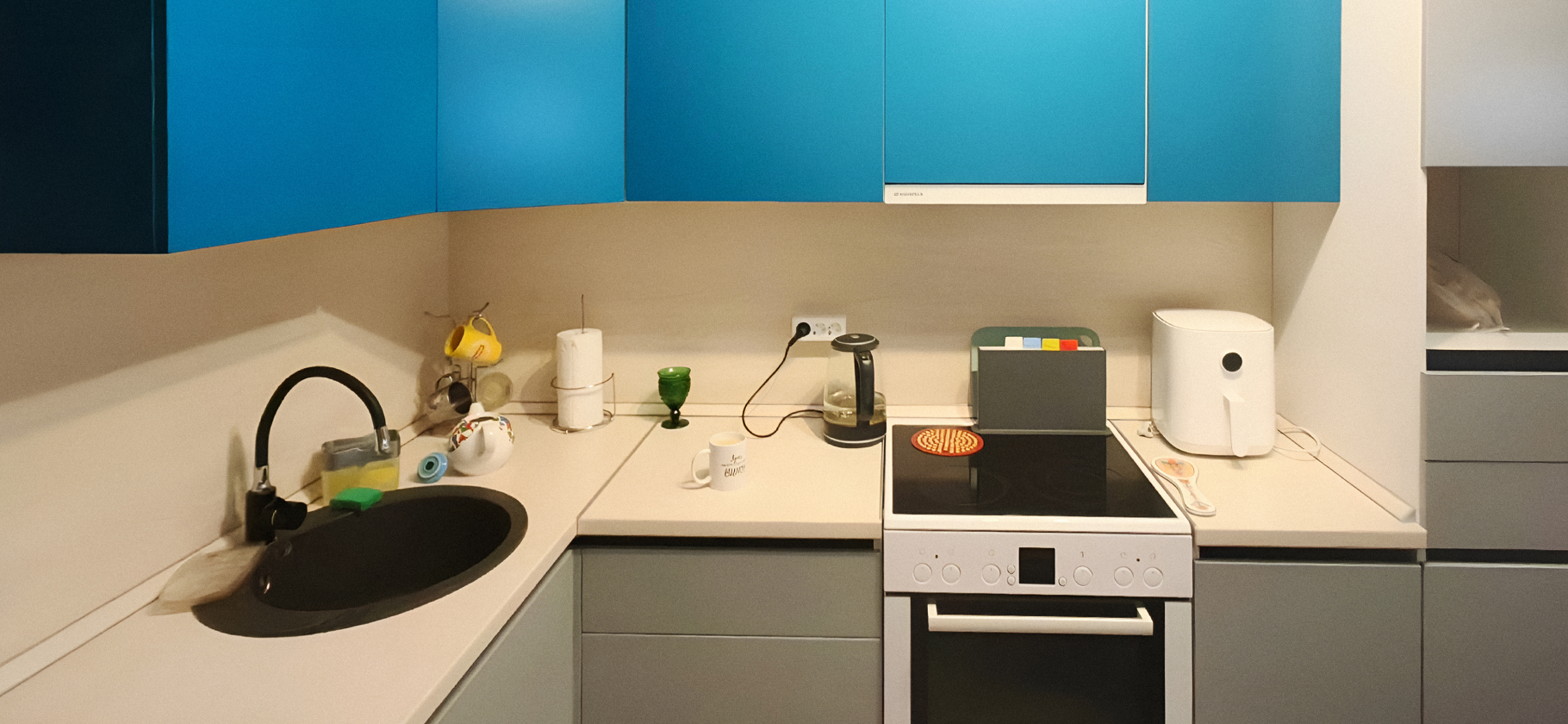 Дизайн Г-образной черно-белой кухни 14 кв.м (4 фото)