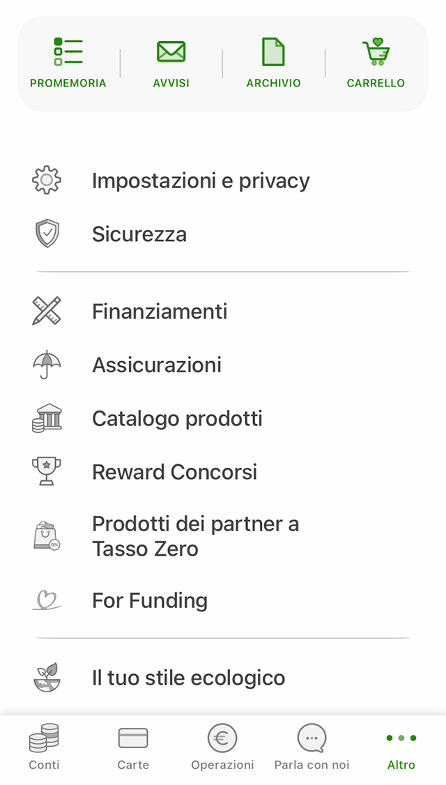 Приложение Intesa San Paolo. В разделе Prodotti dei partner a Tasso Zero публикуются предложения от партнеров банка. Можно посмотреть и диаграмму с расходами, но я вам ее не покажу