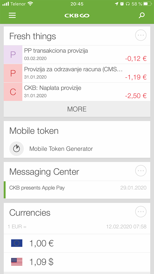 Интерфейс мобильного приложения банка CKB для iOS