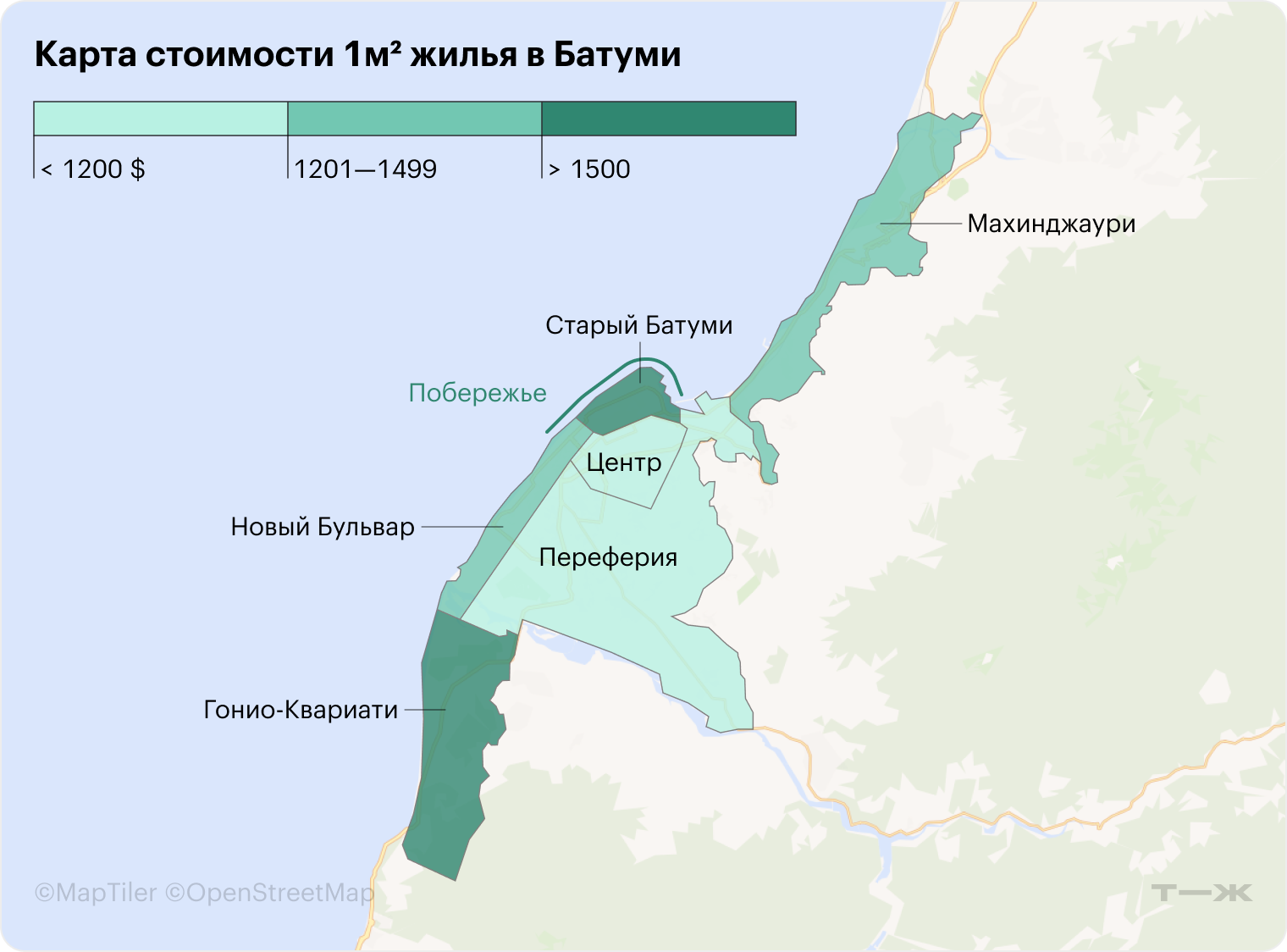 Карта стоимости жилья в Батуми. Пригороды типа Махинджаури нас не интересовали