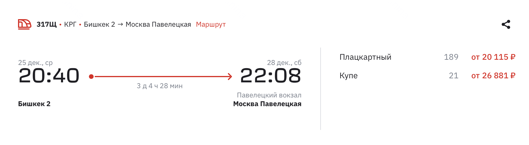 Поездка из Бишкека в Москву в плацкарте обойдется как минимум в 20 115 ₽, цены на купе начинаются от 26 881 ₽. Источник: rzd.ru