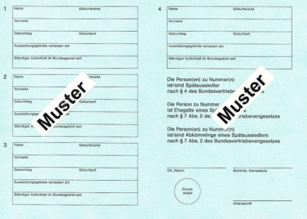 Поздним переселенцам вместо ВНЖ выдают свидетельство, Bescheinigung. С ним они автоматически получают немецкое гражданство и могут отправиться в городское управление, Stadtverwaltung или Rathaus, чтобы получить немецкое удостоверение личности, Personalausweis, и загранпаспорт, Reisepass. Источник: bva.bund.de