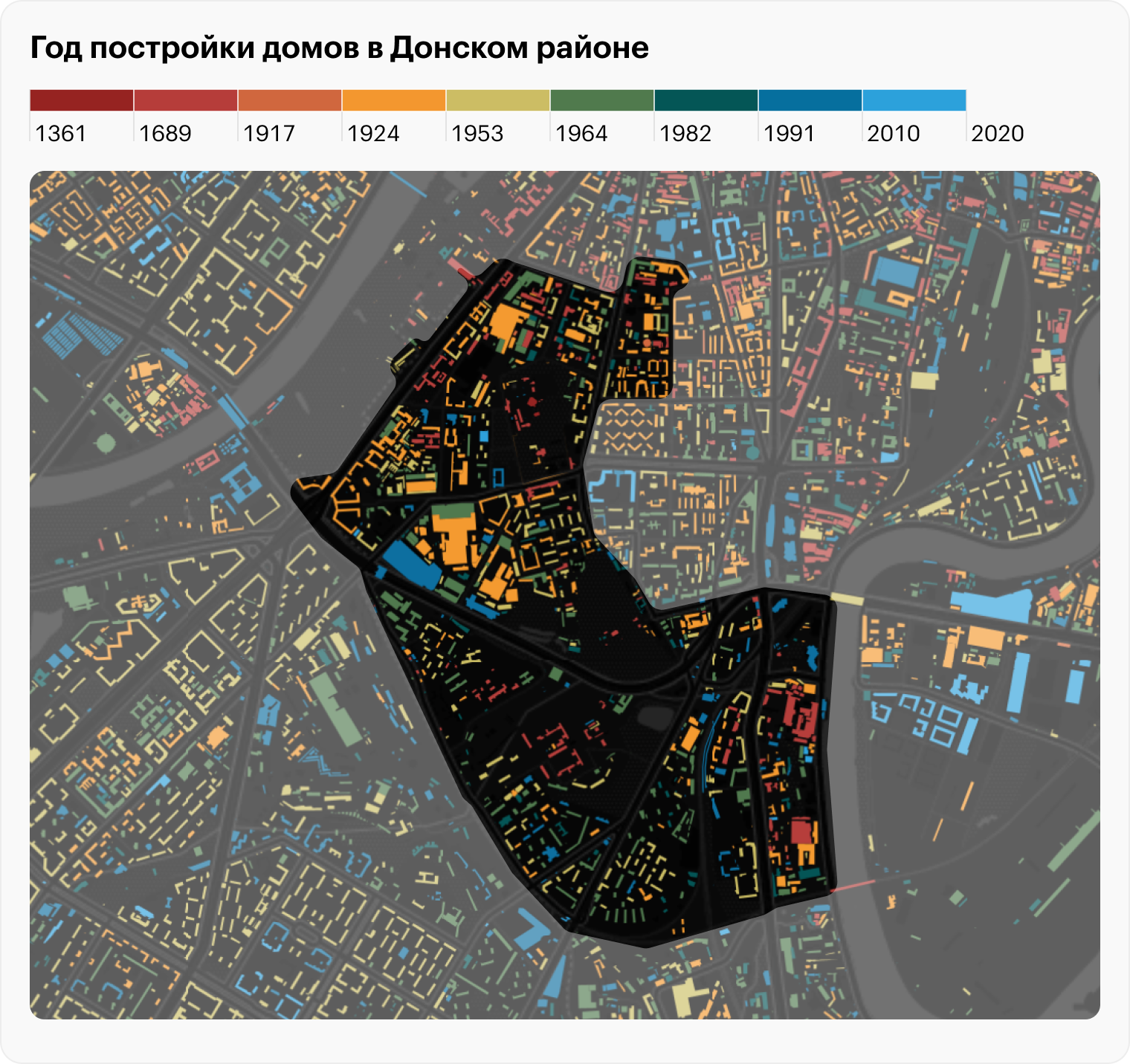 По карте возраста домов Москвы видно, что на северо-западе района больше сталинок, а на юге — хрущевок и брежневок