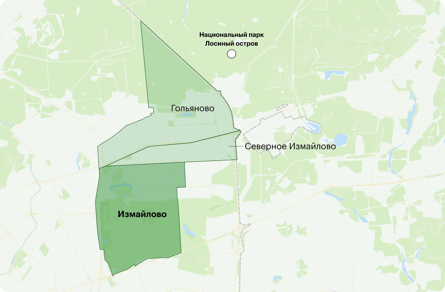 От Лосиного острова нас отделяют районы Северное Измайлово и Гольяново. Источник: карты «Яндекс»
