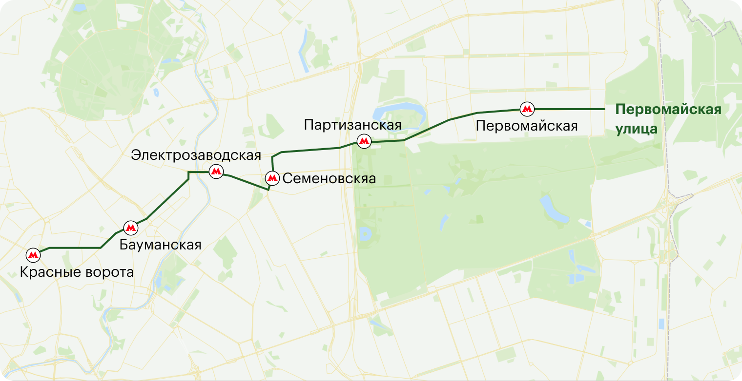 Наземный транспорт обычно проезжает по Первомайской улице и останавливается на каждой нечетной Парковой улице. Источник: карты «Яндекс»