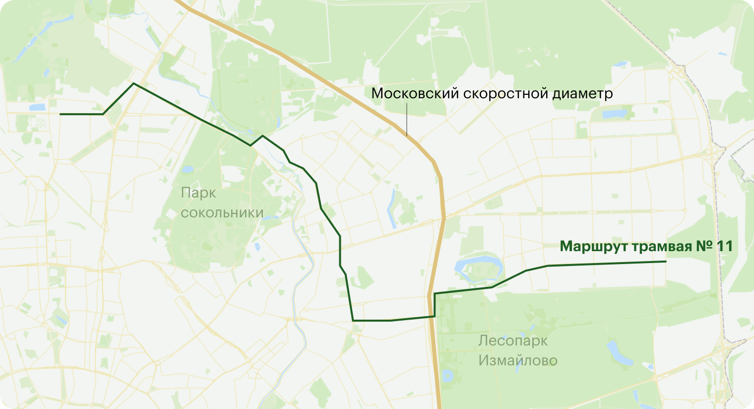 Мне нравится, что на 11⁠-⁠м трамвае получается целый маршрут по зеленым зонам: парк «Измайлово», парк «Сокольники» и ВДНХ. Из вагона метро всего этого не увидишь. Источник: карты «Яндекс»