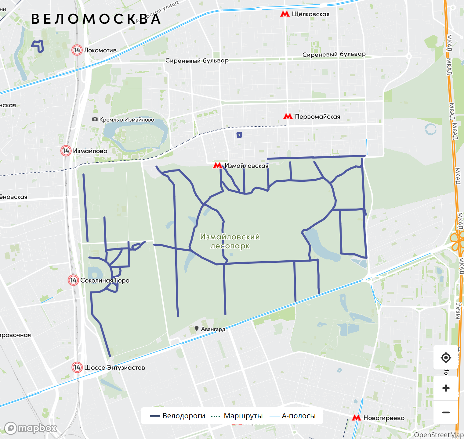 На велокарте Москвы конкретные дорожки в лесопарке выделены для велосипедов, но на самом деле там катаются везде. Источник: mos.bike