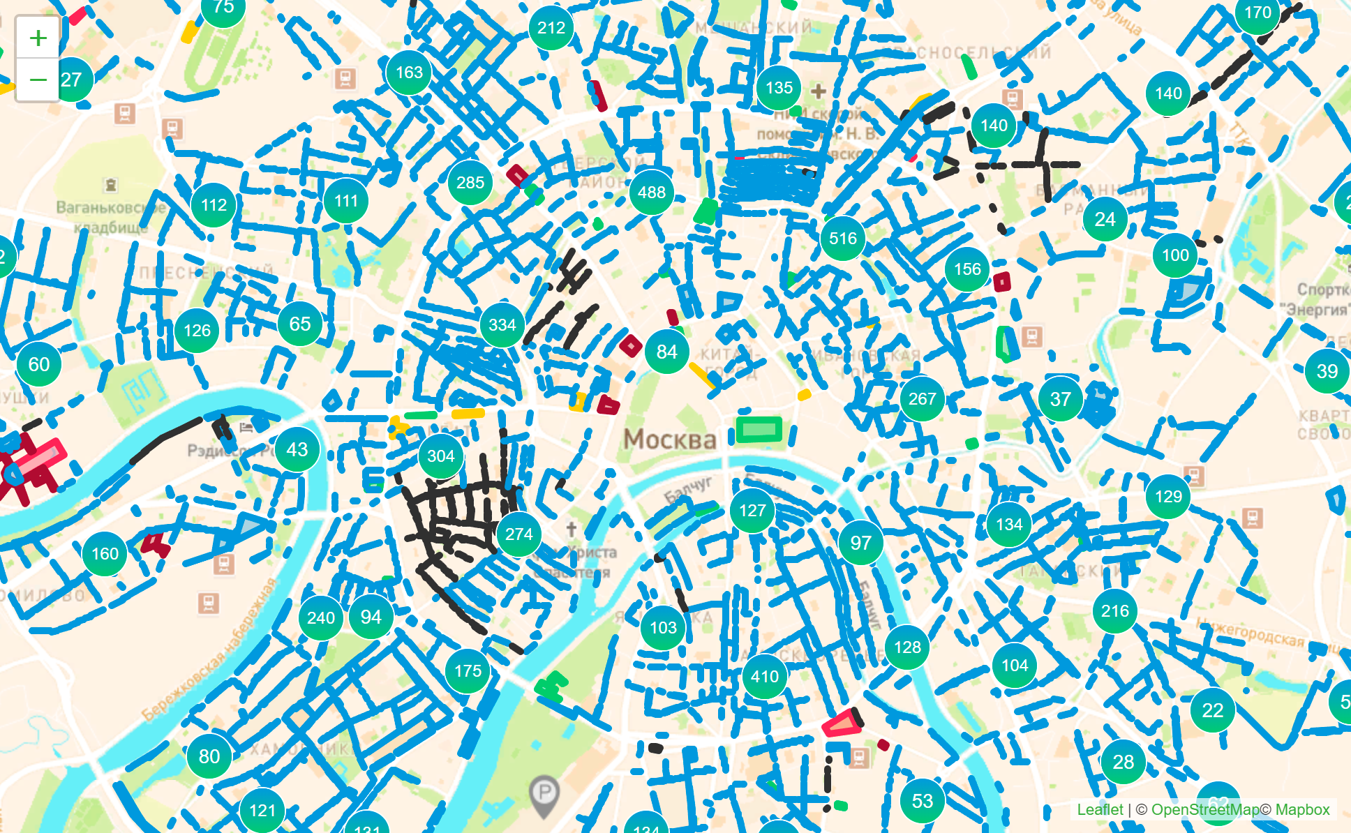 Фрагмент интерактивной карты с сайта «Московского паркинга», где отмечены все городские парковки. Синий цвет — действующие парковки, черный — перекрытые, желтый и красный — плоскостные со шлагбаумом и огороженной территорией. Источник: parking.mos.ru