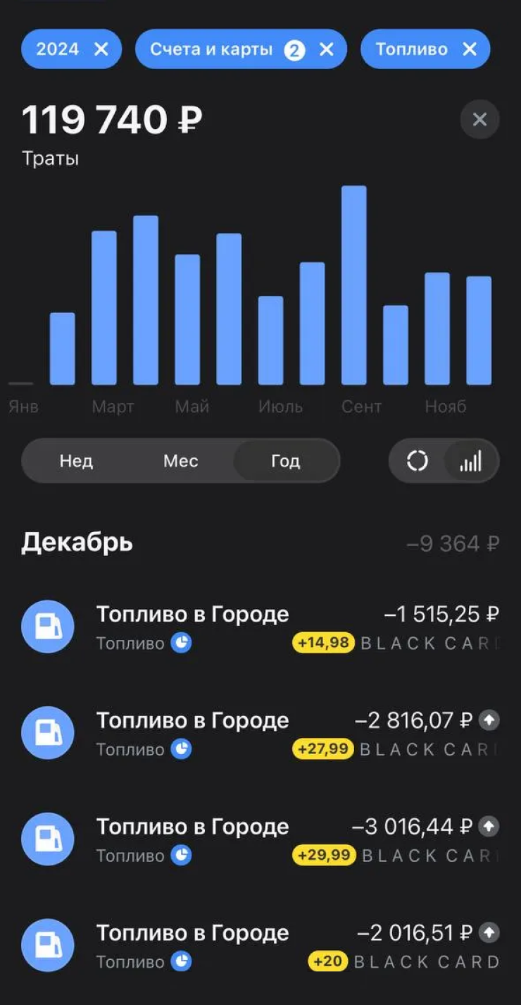 Расходы на топливо за 2024 год. В среднем трачу 10 000 ₽ в месяц