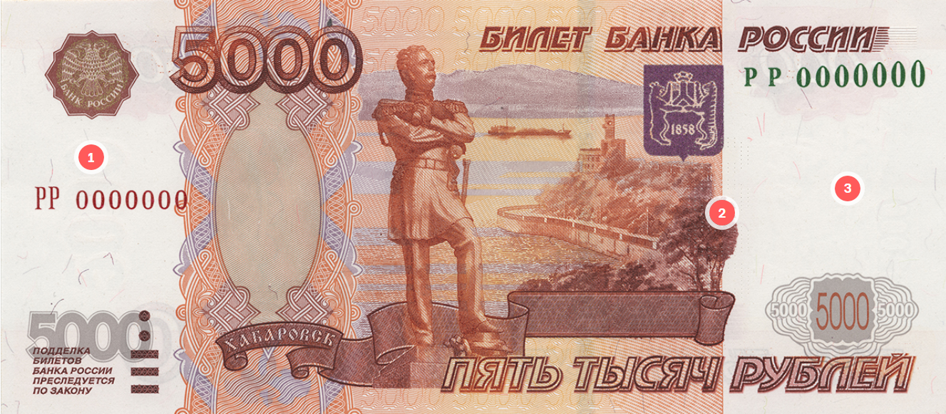 Лицевая сторона: 1 — место с водяным знаком «5 000», 2 — микроперфорация «5 000», 3 — место с водяным знаком в виде головы памятника. © cbr.ru