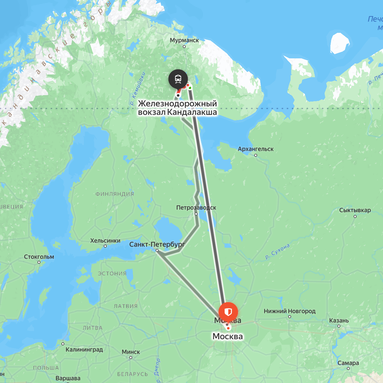 Такая дорога нам предстояла на поезде. © yandex.ru/maps