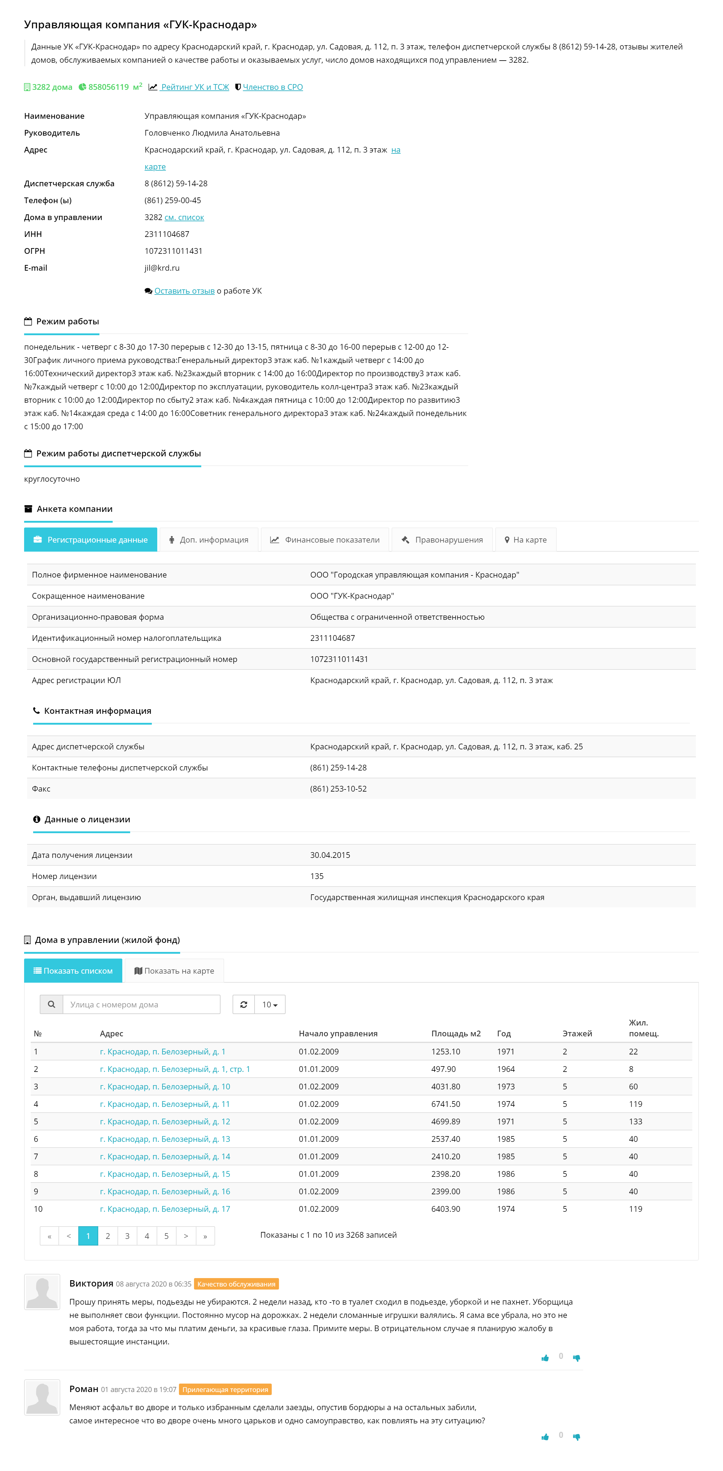 На портале указан адрес УК, ее телефон, электронная почта, режим работы и даже отзывы о компании
