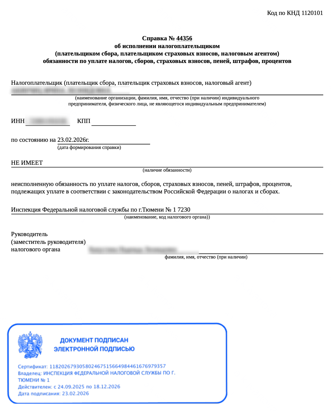 В справке укажут данные налогоплательщика и дату, на которую проводилась проверка