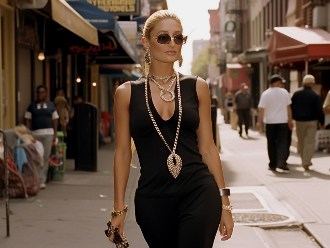 Early 2000s street style photo of Paris Hilton looking absolutely fabulous walking down the streets of SoHo in a black Gucci jumpsuit with a radiant diamond necklace. The natural lighting and careful composition emphasize her stunning figure and luxury vibe. --ar 16:9 --seed 420