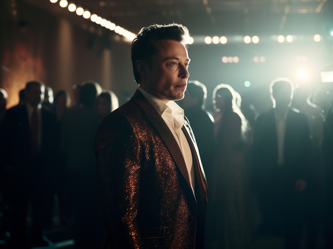 Elon Musk in Gucci walking on a Gucci fashion show, side lighting, shot on Agfa Vista 200 --ar 4:3 --seed 2918170308