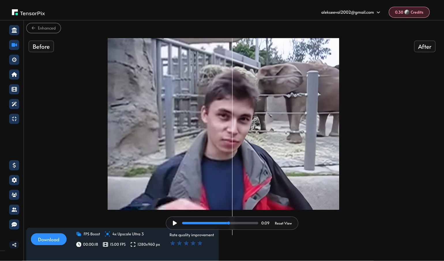 У TensorPix есть бегунок, который показывает видео до и после обработки