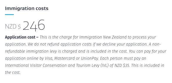 Проверить стоимость визы можно на сайте иммиграционной службы Новой Зеландии. Цены указаны в новозеландских долларах