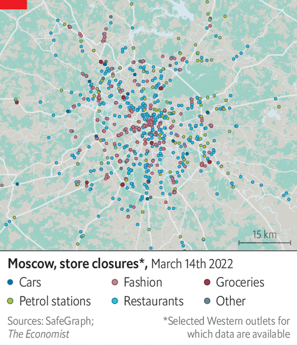 Закрытие западных магазинов в Москве по состоянию на 14 марта 2022 года. Источник: The Economist