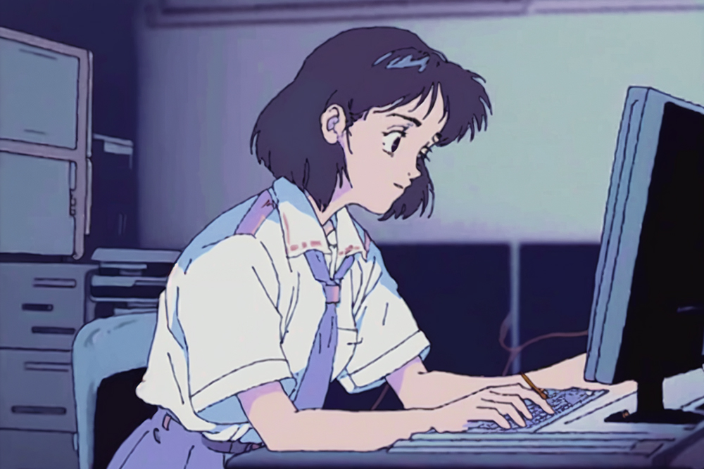 Офисная девушка в красивых пастельных тонах. Запрос: 80s anime still, girl at desk typing at a computer, muted pastel colors, Yoshiaki Kawajiri --ar 3:2