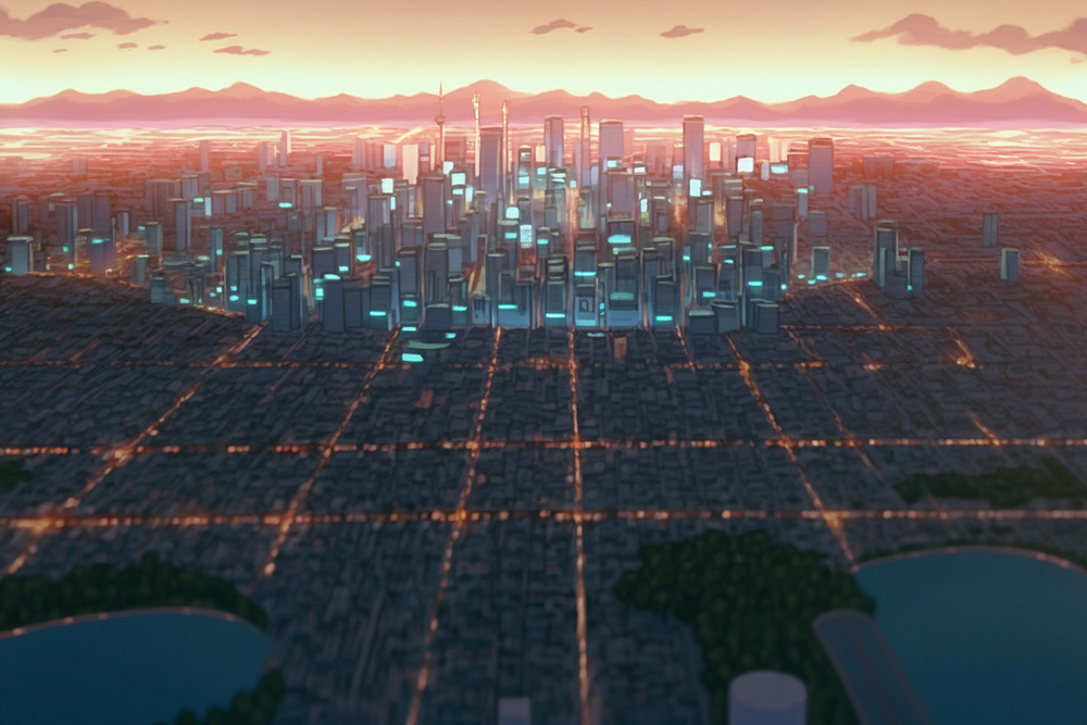 Фон по мотивам «Евангелиона». Запрос: aerial shot of city, anime background, Evangelion style --ar 3:2