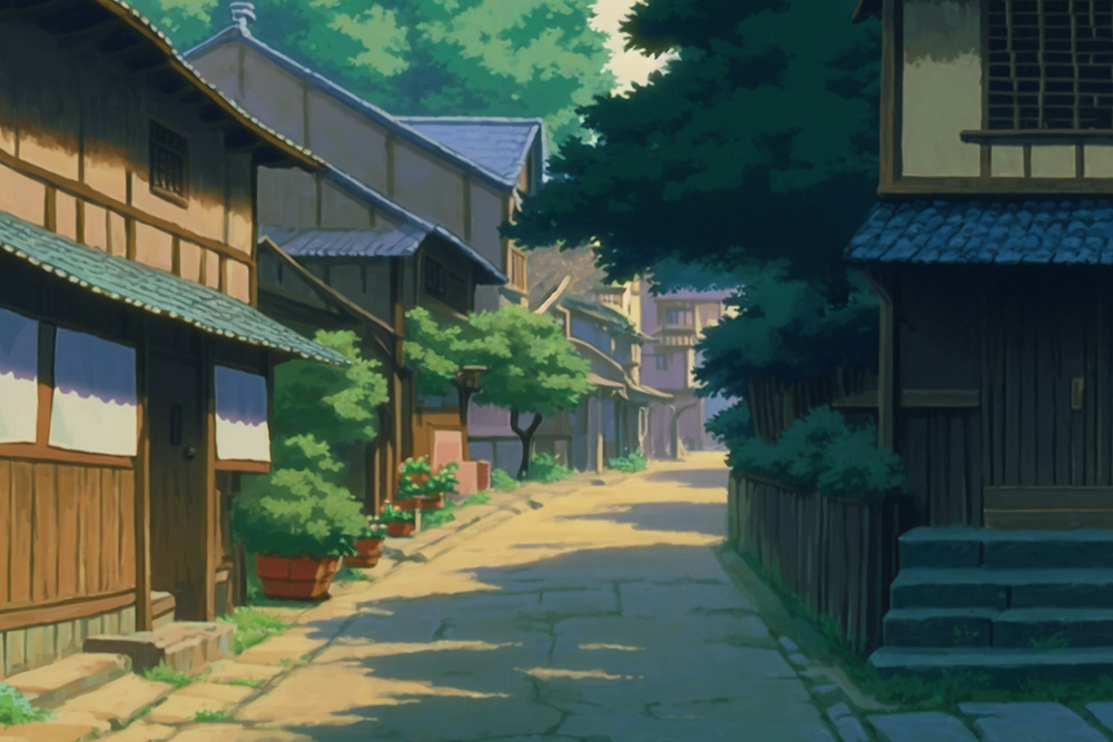 Фон в стиле Миядзаки. Запрос: anime background, village street, studio ghibli style --ar 3:2