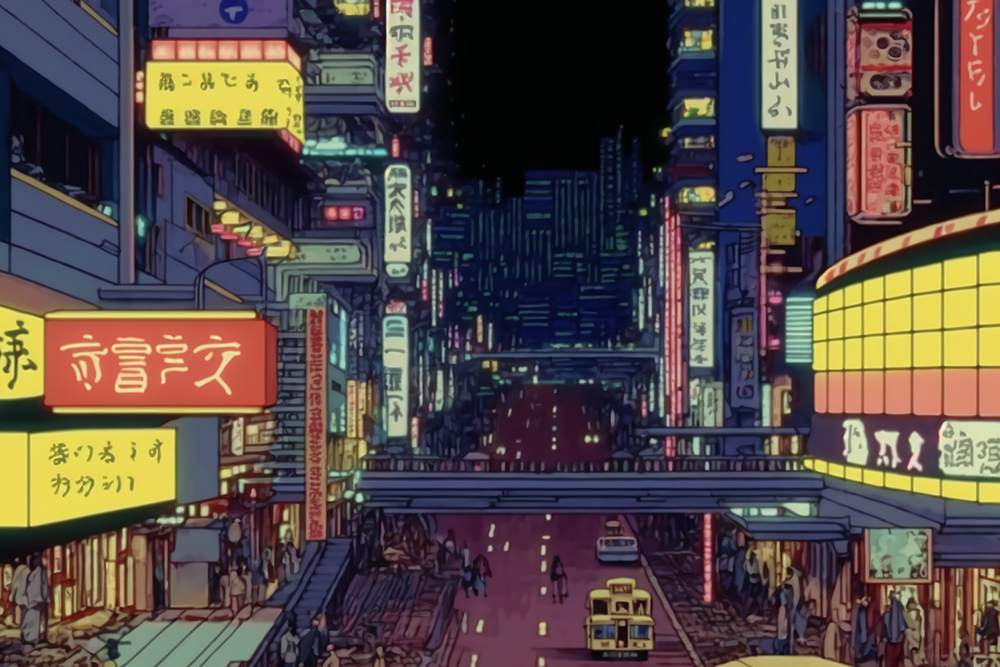 Фон в духе «Акиры». Запрос: busy street at night, Katsuhiro Otomo Akira film style, aesthetically pleasing --ar 3:2