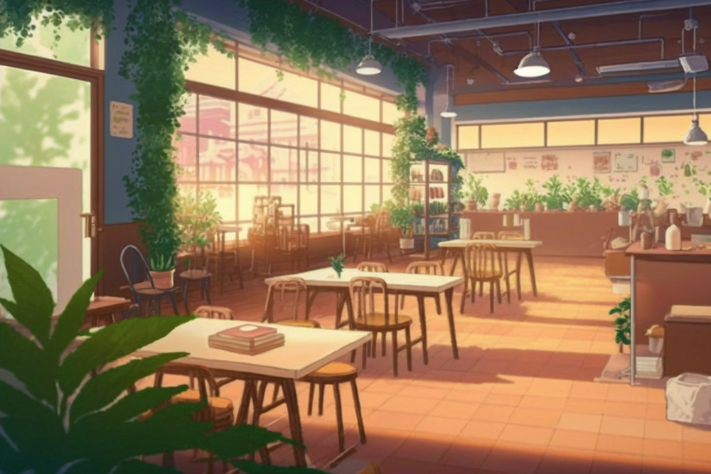 Фон в стиле Макото Синкая. Запрос: relaxing cafe in Tokyo, style of Makoto Shinkai The Garden of Words, aesthetically pleasing, muted color scheme --ar 3:2