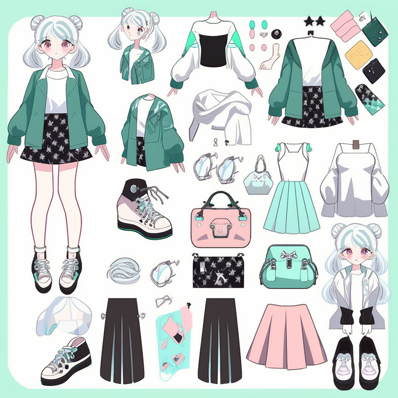 Дизайн персонажа с аксессуарами. Запрос: fashion sheet, items sheet, anime girl