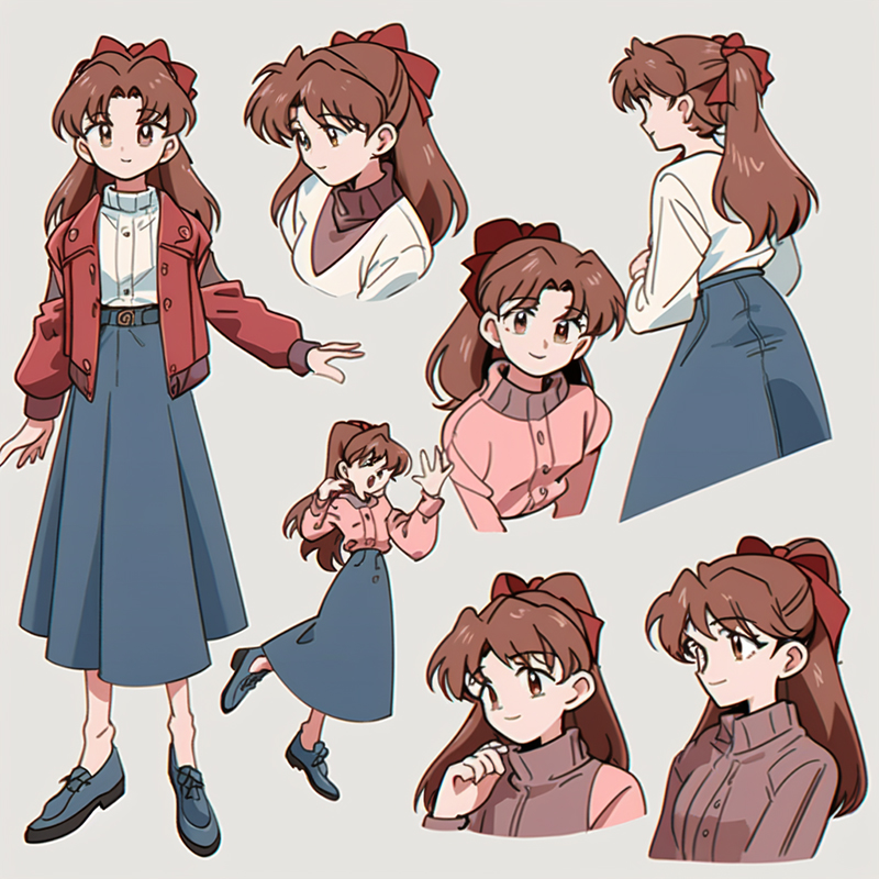 Дизайн персонажа в разной одежде. Запрос: fashion sheet, items sheet, 90s anime girl
