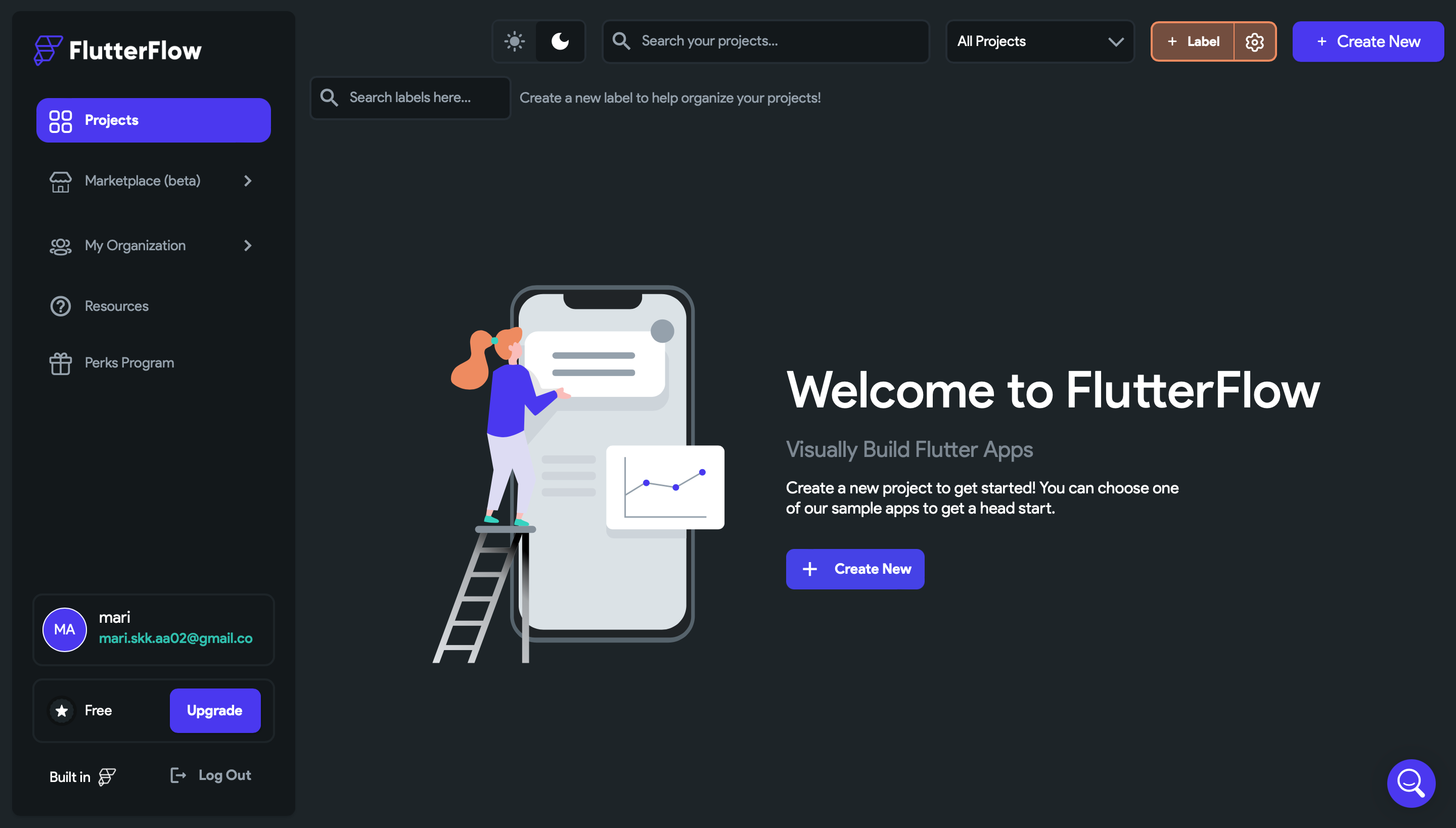 После регистрации откроется главная страница. Можно создать новый проект, отредактировать уже имеющиеся или перейти в библиотеку шаблонов. Мы хотим создать новое приложение, поэтому выбираем Create New