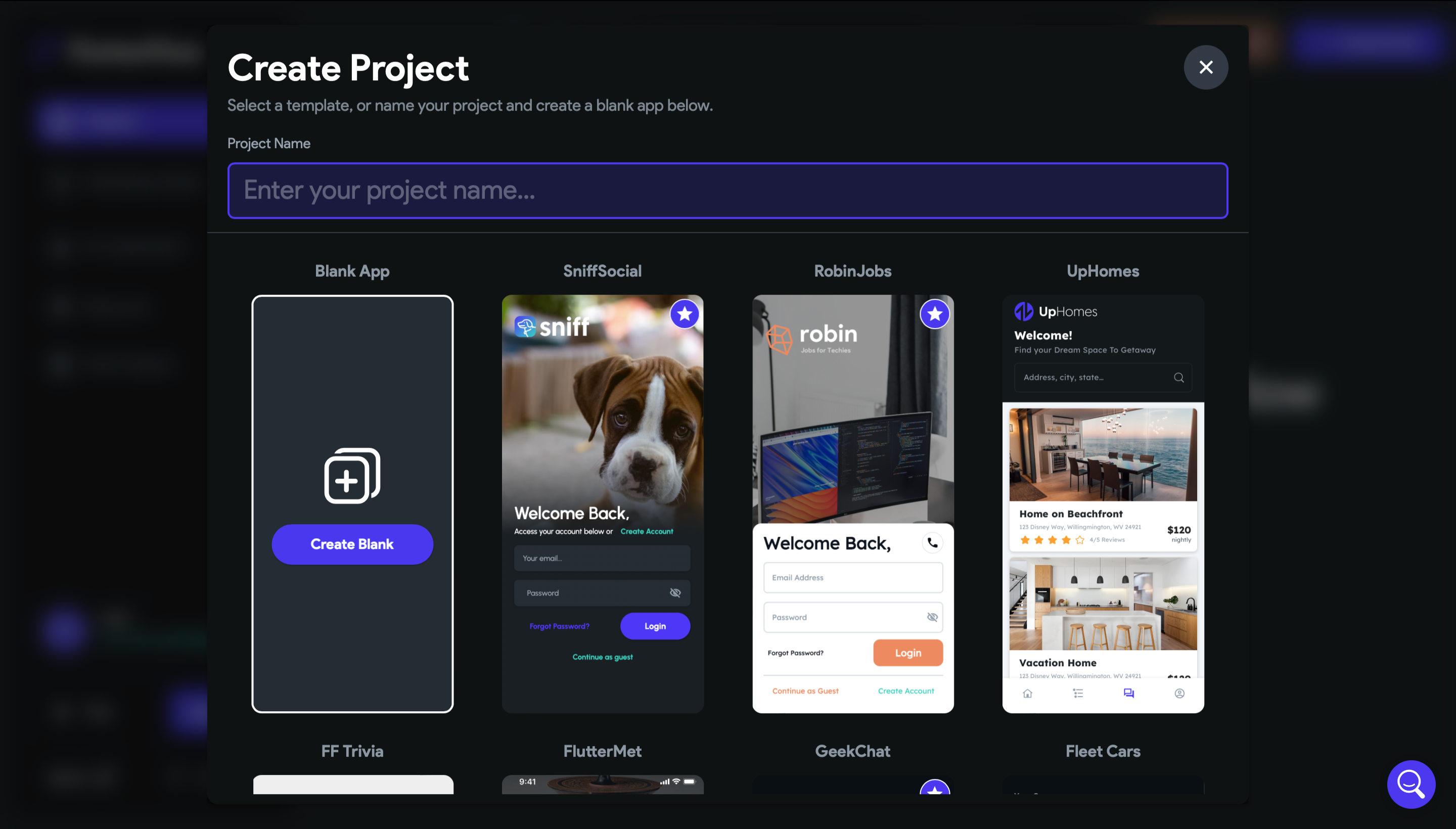 В открывшемся меню вводим название проекта и выбираем шаблон из списка предложенных. Можно отказаться от шаблона и начать разработку с нуля. Мы же будем рассматривать концепцию ноукода на примере проекта менеджера задач RobinDo из списка шаблонов