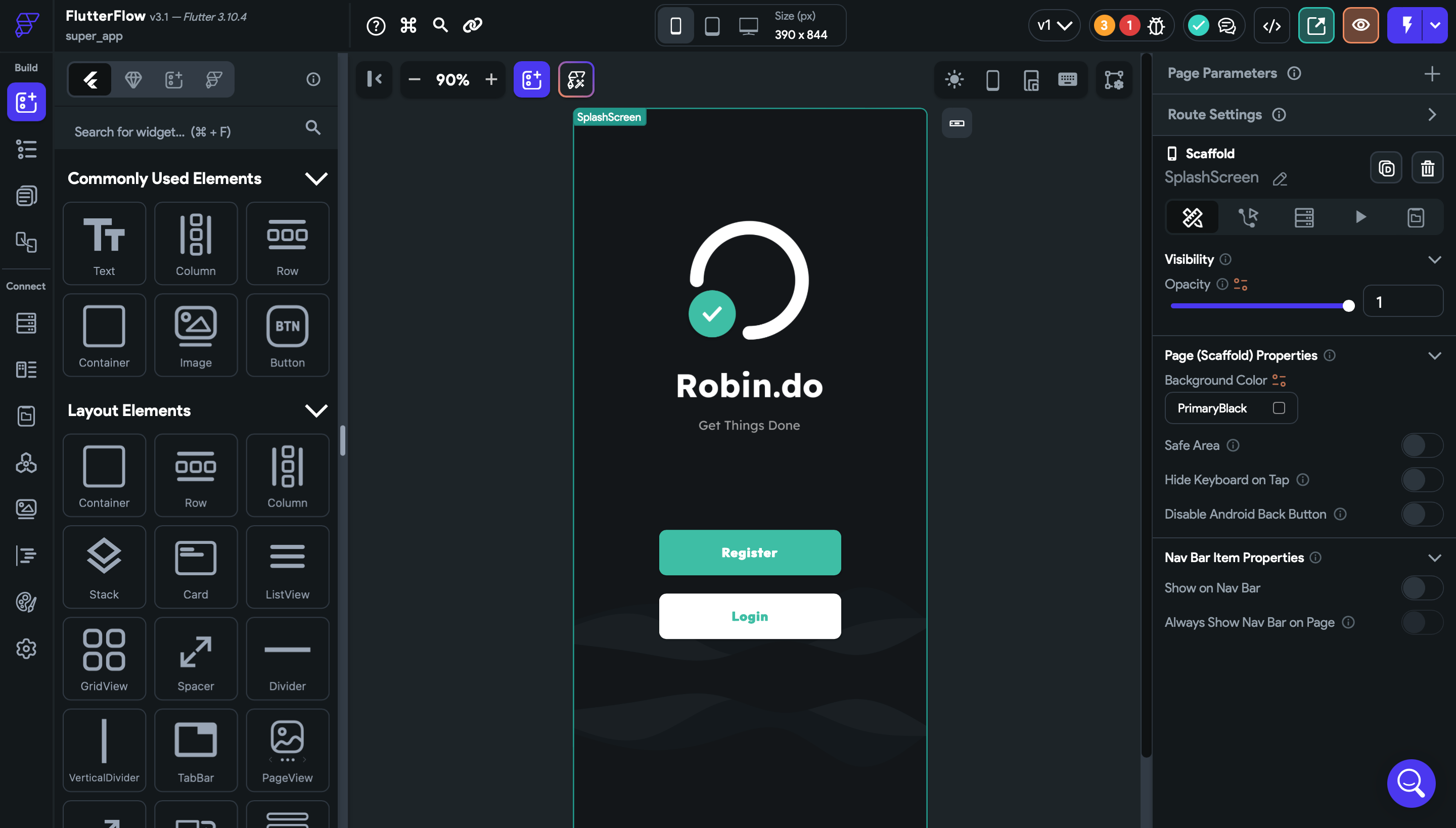 Затем откроется редактор. По центру — окно работы с экраном. Слева — меню выбора элементов, а справа — поля для управления состояниями экрана. Элементы можно перетаскивать, менять их размер, оформление, поведение и расположение