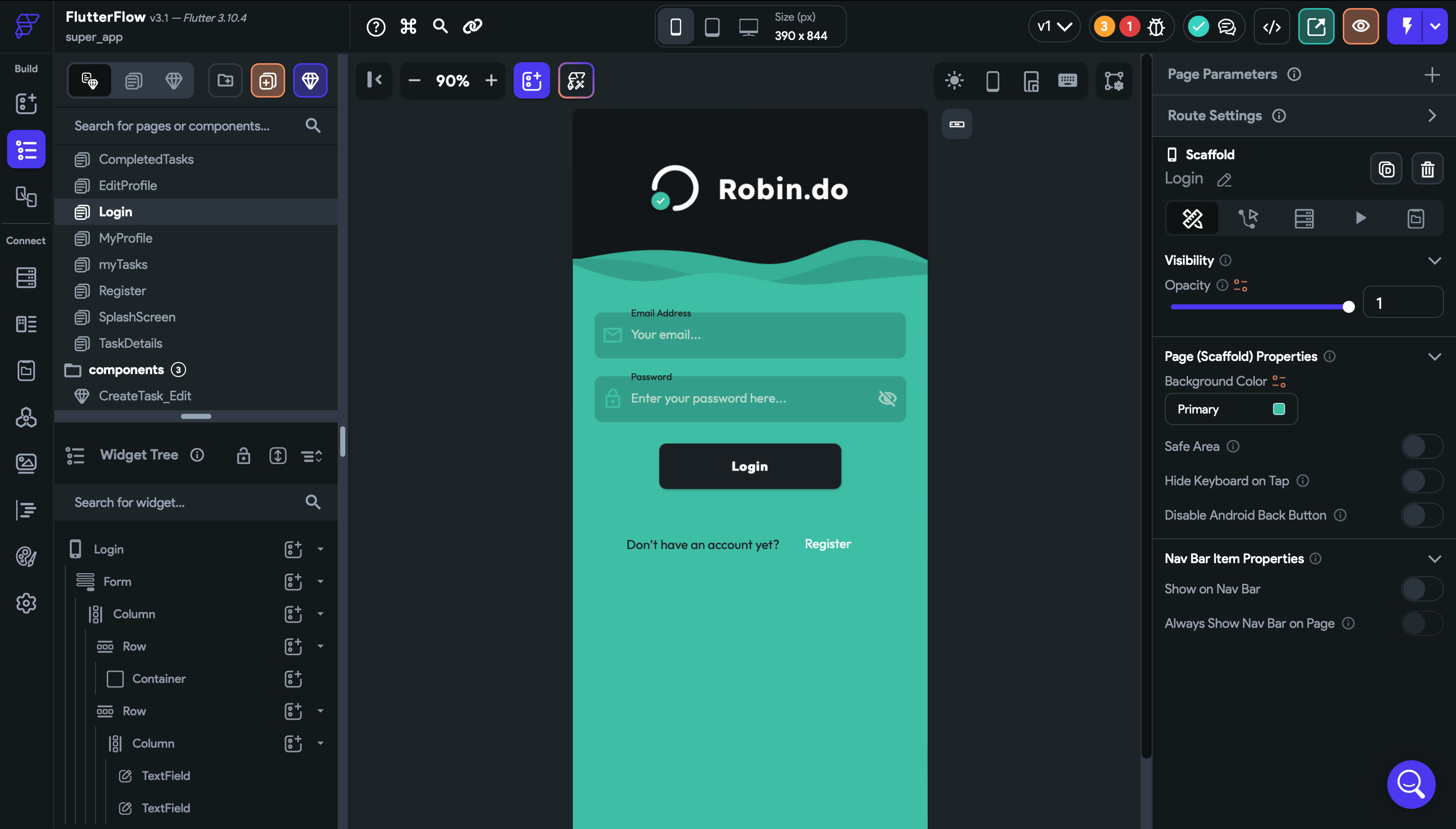 В левой части есть переключатель на меню со списком всех активных экранов. В нашем приложении их всего 11. Каждый из них можно редактировать или добавлять новые в весь проект